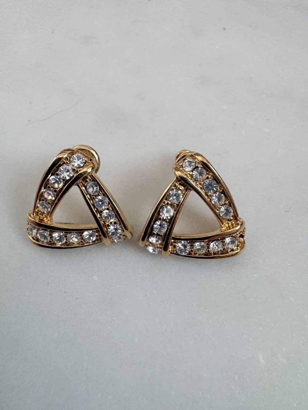 Vintage Monet Gold Tone Open Triangle Rhinestone Stud Post Earrings Flawed